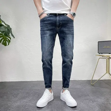 裤子男士2023新款秋季简约百搭蓝色修身小脚牛仔裤男款休闲长裤子商品大图