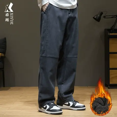 防静电羊羔绒男士休闲直筒裤秋冬季宽松大码加绒加厚莱赛尔工装裤商品大图