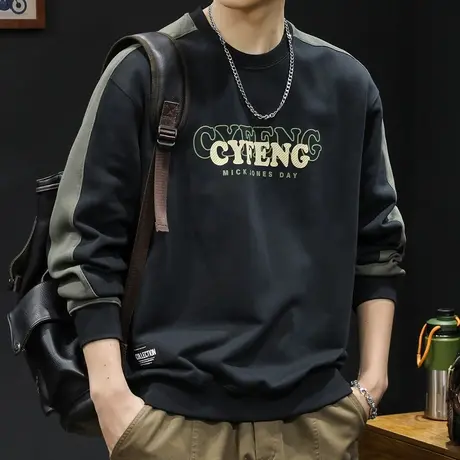 潮牌卫衣男春秋款圆领男款重磅美式拼色衣服春季2024新款长袖大码商品大图