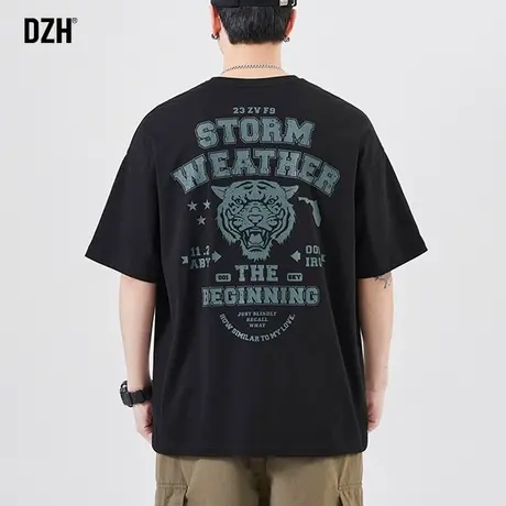 男士虎头印花美式短袖t恤男圆领潮牌潮流夏季半袖男生纯棉体恤黑t商品大图