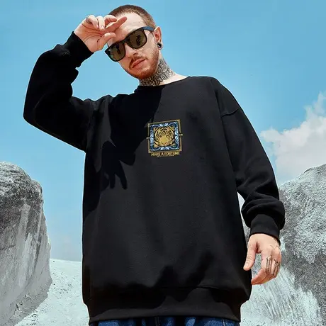 oversize新款圆领卫衣男潮牌ins潮流大码男装本命年加绒加厚无帽图片