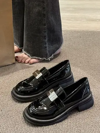 法式厚底小皮鞋女2023年新款复古英伦风一脚蹬乐福鞋百搭黑色单鞋商品大图