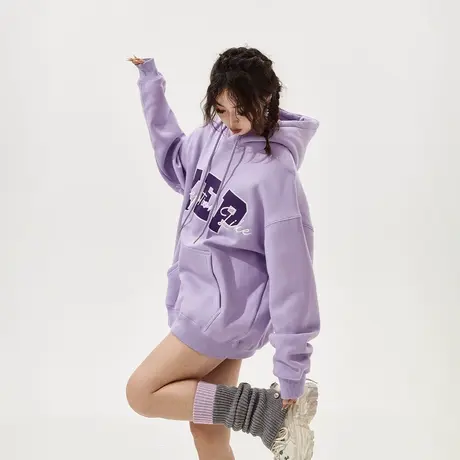 YEP酒红色加绒连帽卫衣女刺绣秋冬2023新款潮牌宽松oversize外套商品大图