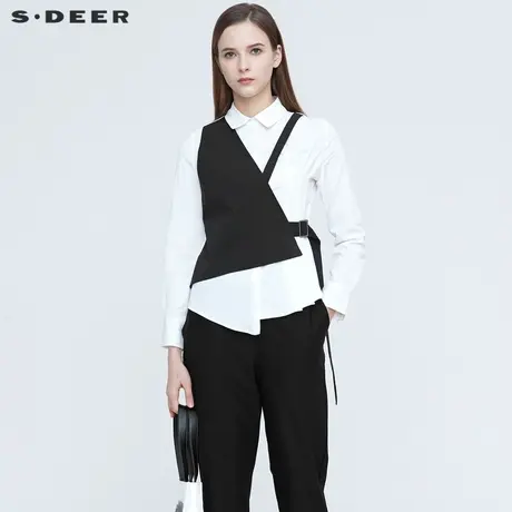 sdeer圣迪奥女装春装翻领撞色拼接收腰白色长袖衬衫S21160513图片
