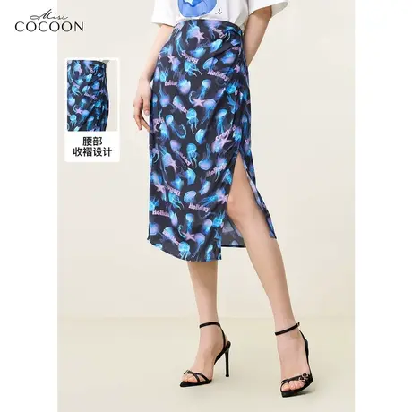 missCOCOON复古印花半身裙女2023夏装新款高腰中长款开叉气质裙子图片