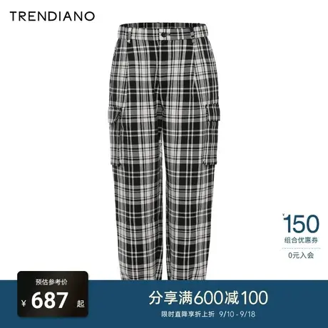 TRENDIANO官方复古格纹宽松休闲束脚裤工装长裤潮2023新款秋季商品大图