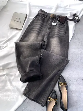 复古磨白加绒牛仔阔腿裤女2023冬季新款显瘦百搭高腰加厚直筒长裤图片