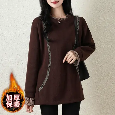 秋冬季中长款加绒卫衣女宽松加大码女装中年妈妈休闲百搭显瘦上衣商品大图