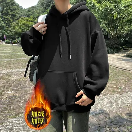 美式复古重磅黑色卫衣男生秋冬季上衣服加绒加厚日系连帽外套潮牌商品大图