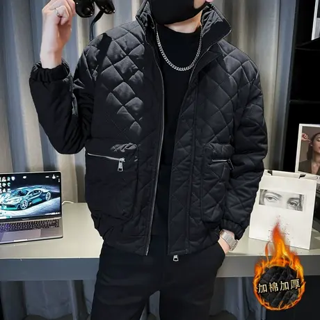 2023社会冬季纯色修身棉服潮男韩版立体口袋加厚棉衣痞帅立领外套图片