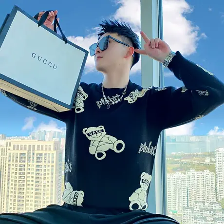 毛衣男冬季个性潮牌ins卡通提花针织衫时尚修身加厚圆领内搭线衣商品大图