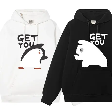 秀洛情侣卫衣合体北极熊企鹅不一样的情侣装连帽加绒卫衣加厚外衣图片