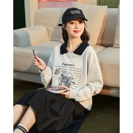 唐狮2024春季新款卫衣女polo领撞色灰色印花长袖薄款上衣宽松休闲图片
