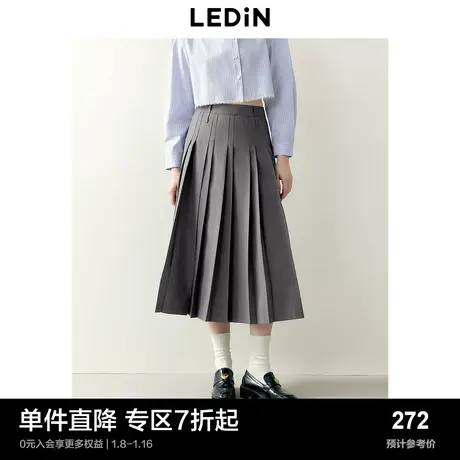 乐町学院风百褶长裙2024年春季新款不规则压褶格雷系西装半身裙图片