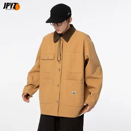 男生衬衫扣钮开衫POLO领工装多口袋男士宽松上衣外套春秋薄款衣服图片