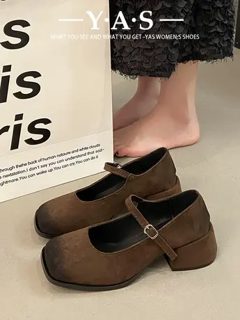 法式晚风方头浅口粗高跟鞋女2024新款复古美拉德不累脚小皮鞋单鞋图片