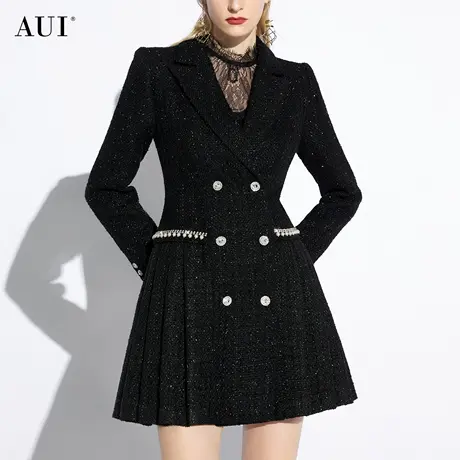 AUI黑色小香风中长款修身毛呢外套女2023秋冬新款职业修身西服裙商品大图