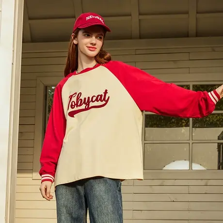 a022024春季新款撞色面料定制螺口设计感宽松百搭印花女式卫衣图片