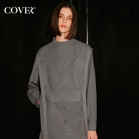 COVER2023冬季假两件拼接H型针织连衣裙图片