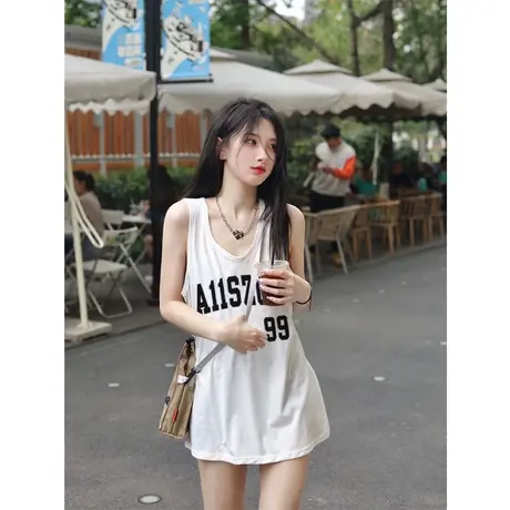 白色吊带背心女中长款夏季外穿美式复古无袖T恤篮球服运动上衣ins图片