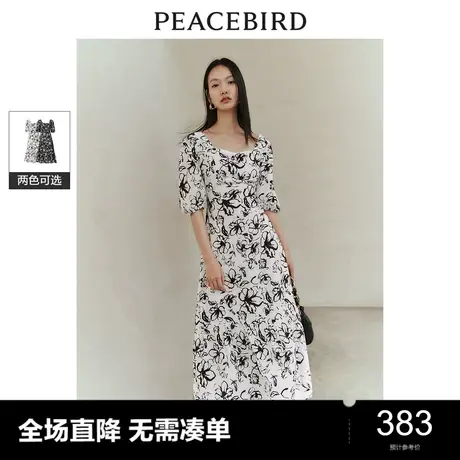 太平鸟法式方领印花连衣裙2024春新款泡泡袖垂感飘逸长裙气质优雅图片