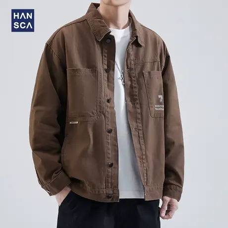 hansca休闲工装夹克男潮牌宽松大码春季新款青少年帅气翻领外套男商品大图
