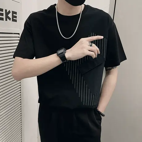 设计感拼接条纹短袖T恤男夏季个性轻熟韩版痞帅圆领半袖上衣t恤衫商品大图
