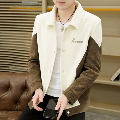 韩版帅气刺绣翻领男装外套休闲潮牌拼接撞色夹克高品质春秋款上衣商品大图