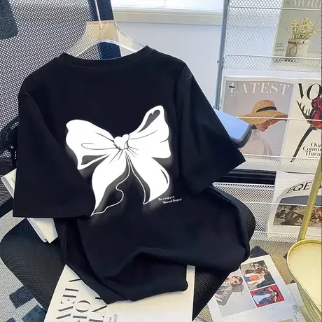 欧货纯棉设计感小众独特短袖2024夏季宽松百搭显瘦T恤女中长上衣商品大图