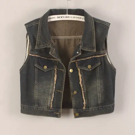 牛仔马甲背心女短款怀旧毛边休闲春秋高腰新款无袖外套垫肩小外搭商品大图