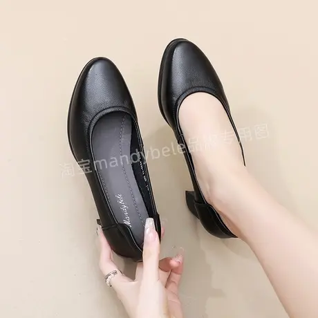 真皮粗跟单鞋女2024春秋新款中跟鞋子软底春季女鞋时尚休闲小皮鞋图片