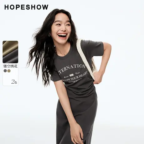 红袖简约字母收腰圆领连衣裙hopeshow2024春季新款套头休闲裙子图片