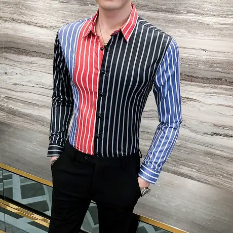 潮牌长袖衬衫男士秋季韩版个性条纹洋气衬衣发型师痞帅修身上衣寸图片