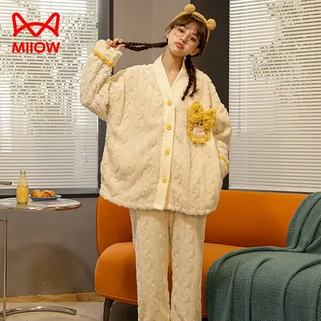 猫人2023年新款睡衣女珊瑚绒秋冬季加绒加厚家居服保暖法兰绒套装图片