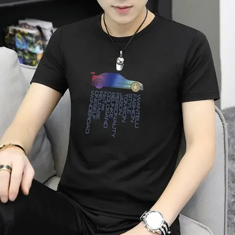 莫代尔夏季男士短袖t恤圆领黑色衣服男生打底衫半袖内搭潮流潮牌商品大图