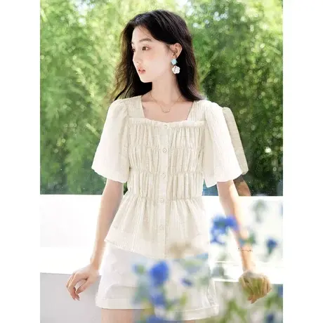 时尚气质减龄方领短袖衬衫女士2023年夏季新款设计感小众显瘦上衣图片