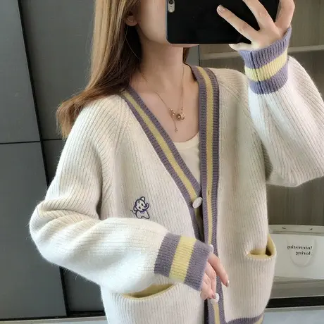 秋季新款针织开衫女装爆款上衣慵懒风宽松毛衣外套别致春秋款外搭图片