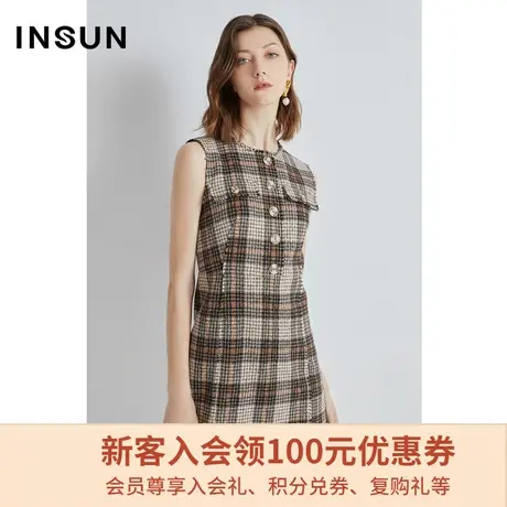 影儿恩裳冬季流苏工装收腰无袖中长款羊毛粗花呢连衣裙图片