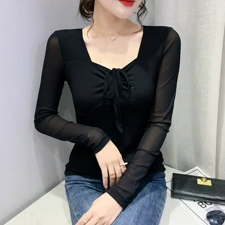 设计感系带T恤女长袖欧货洋气性感V领打底衫内搭网纱紧身上衣春秋商品大图