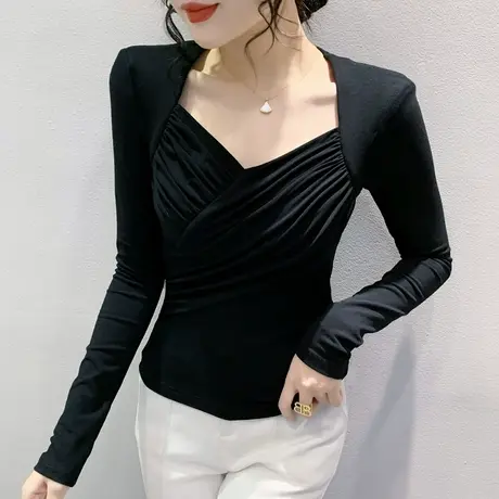 女装2023新款时尚V领T恤长袖早秋性感紧身小衫设计感褶皱洋气上衣商品大图