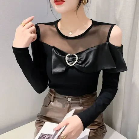 欧货露肩打底衫女长袖秋装性感镂空网纱拼接上衣设计感圆领T恤ins图片