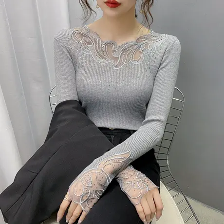 蕾丝打底衫女长袖修身秋冬新款刺绣网纱针织衫女套头毛衣内搭上衣商品大图