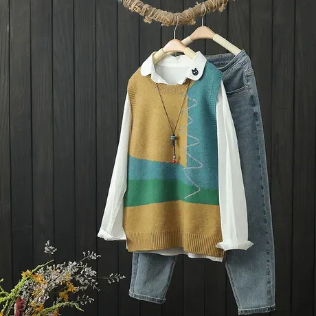 文艺撞色无袖针织马夹女背心秋季2022年新款宽松圆领休闲马甲坎肩商品大图