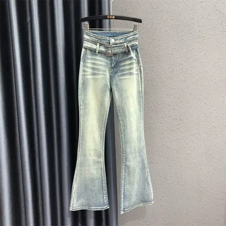 韩版2023秋新款辣妹风高腰修身绑带马蹄裤做旧磨白弹力牛仔喇叭裤图片
