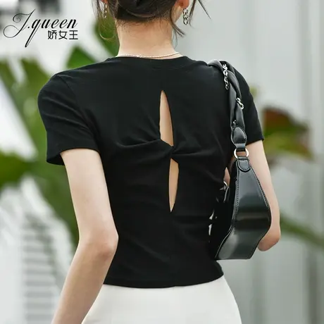 黑色短袖t恤女2023夏季新款时尚百搭修身显瘦镂空露背短款上衣潮商品大图