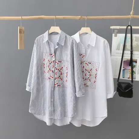 2023年秋装新款中长款条纹刺绣衬衫女长袖宽松打底衫休闲衬衣上衣商品大图