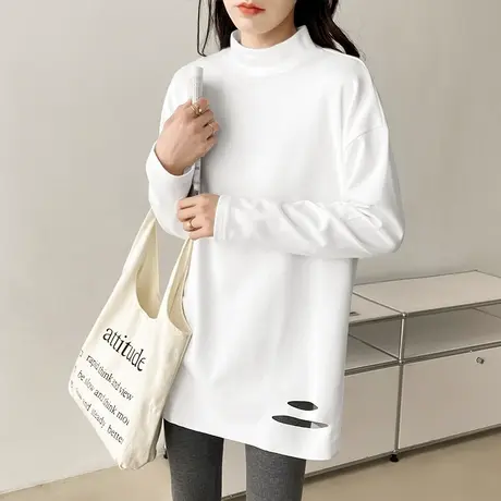 春装白色打底衫女中长款洋气内搭2022新款春秋纯棉韩版长袖t恤女图片