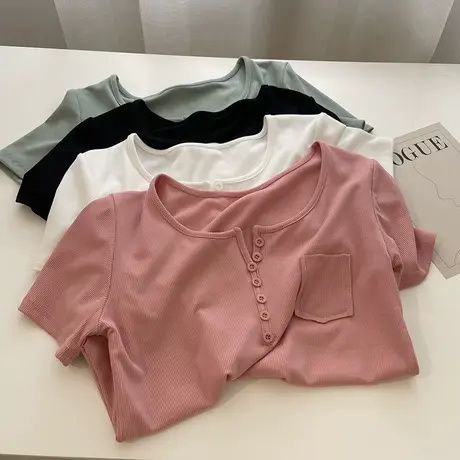 显身材短款T恤女！甜酷辣妹纽扣V领弹力修身舞蹈服显瘦短袖小衫夏商品大图