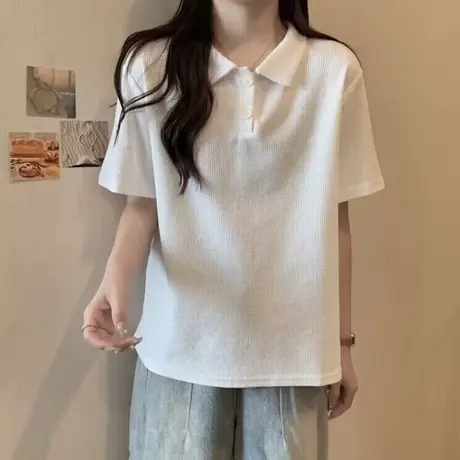 华夫格POLO领半袖T恤女夏装2023新款宽松显瘦chic港味上衣短袖潮商品大图
