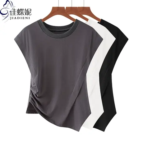 夏季新款韩版圆领褶皱不规则下摆纯棉纯色修身短袖体恤上衣内搭女商品大图